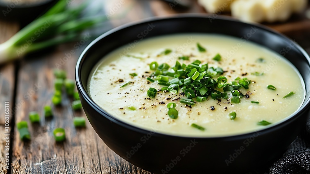 Cauliflower potato cream soup with green onion in black bowl on wooden background : Generative AI Cauliflower potato cream soup with green onion in black bowl on wooden background : Generative AI