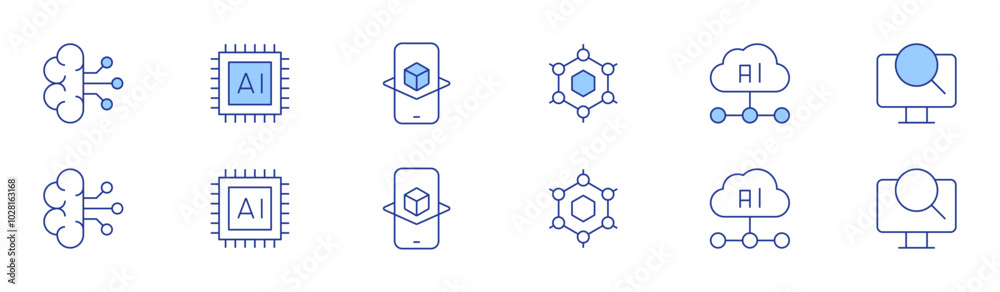 Technology icon set in two styles, Duotone and Thin Line style. Editable stroke. artificial intelligence, graphene, ai, augmented reality, computer Technology icon set in two styles, Duotone and Thin Line style. Editable stroke. artificial intelligence, graphene, ai, augmented reality, computer