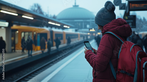 Person Waiting at Train Station with Smartphone in Hand