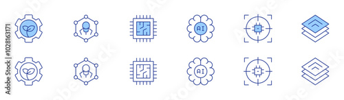 Technology icon set in two styles, Duotone and Thin Line style. Editable stroke. artificial intelligence, green technology, target, nanotechnology, cpu, platform