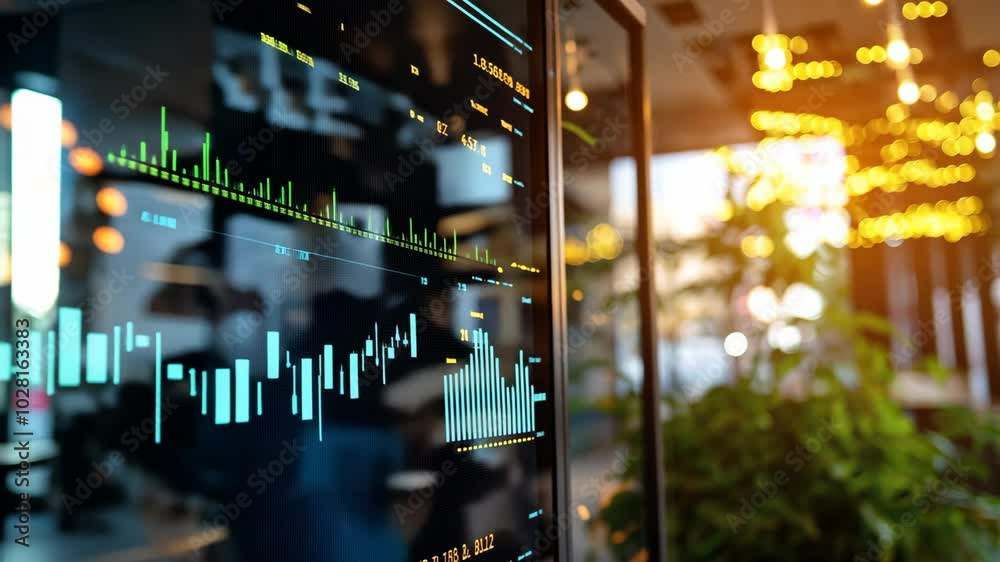 digital financial graph hologram on screen with world map, business and financial abstract background	
