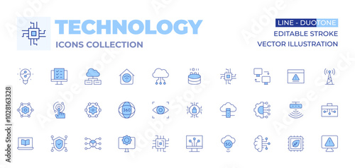 Technology icons collection. Line Duotone style, editable stroke. cloud data, smart home, degrees, usability, touch, idea, eye scanner, network, cloud computing, technology