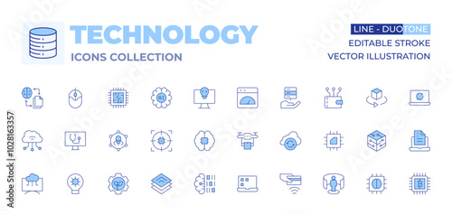 Technology icons collection. Line Duotone style, editable stroke. idea, artificial intelligence, ai, transfer, target, cloud, computer mouse, nanotechnology, computer, cpu