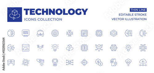 Technology icons collection. Thin Line icons, editable stroke. 3d viewer, 3d, artificial intelligence, contactless, drone, eco technology, home, pda, smart energy, app, bitcoin, chip