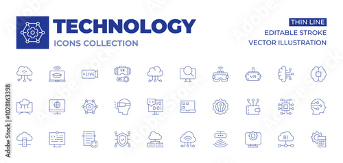 Technology icons collection. Thin Line icons, editable stroke. cloud, cloud computing, network, ocr, security, virtual reality glasses, internet, coding, cloud server