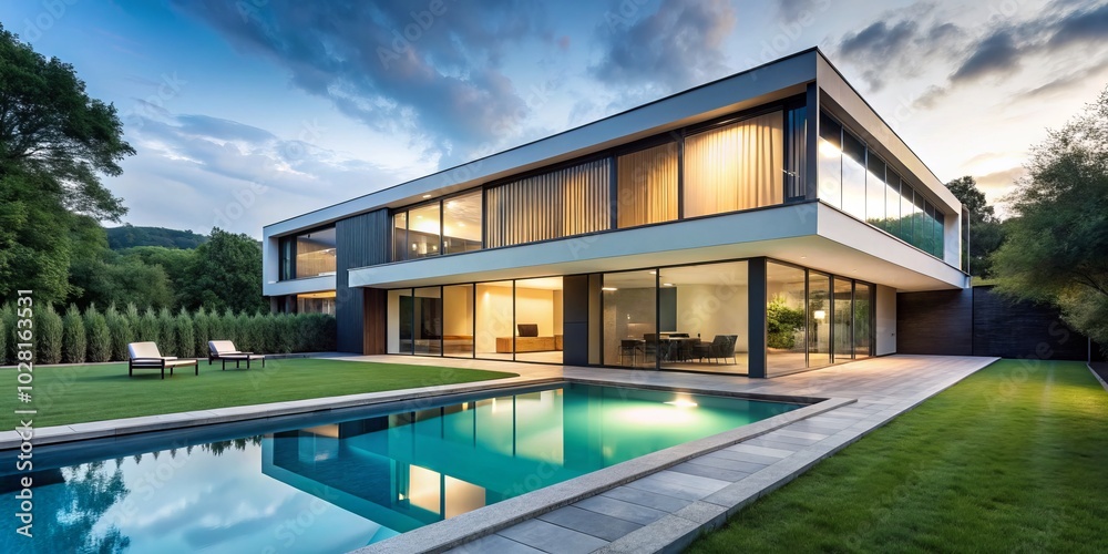 Fototapeta premium Modern Minimalist House with Pool Surrounded by Lush Greenery - Serene Architecture Design, Contemporary Backyard Oasis, Sleek Aesthetics, and Tranquil Water Features