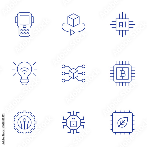 Technology icons set. Thin Line style, editable stroke. 3d, artificial intelligence, browser, pda, smart energy, technology, bitcoin, chip