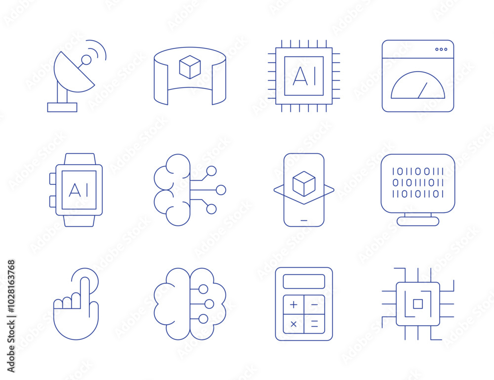 Technology icons. Thin Line style, editable stroke. 3d viewer, artificial intelligence, brain, satellite, smartwatch, touch, app, binary code, chip, ai, augmented reality, calculator