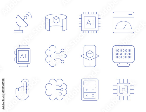 Technology icons. Thin Line style, editable stroke. 3d viewer, artificial intelligence, brain, satellite, smartwatch, touch, app, binary code, chip, ai, augmented reality, calculator