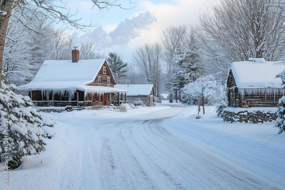 Naklejka premium An American rustic farmhouse's outdoor area reflects a harmonious blend of rural charm and functionality, showcasing the agricultural roots of early American life. 