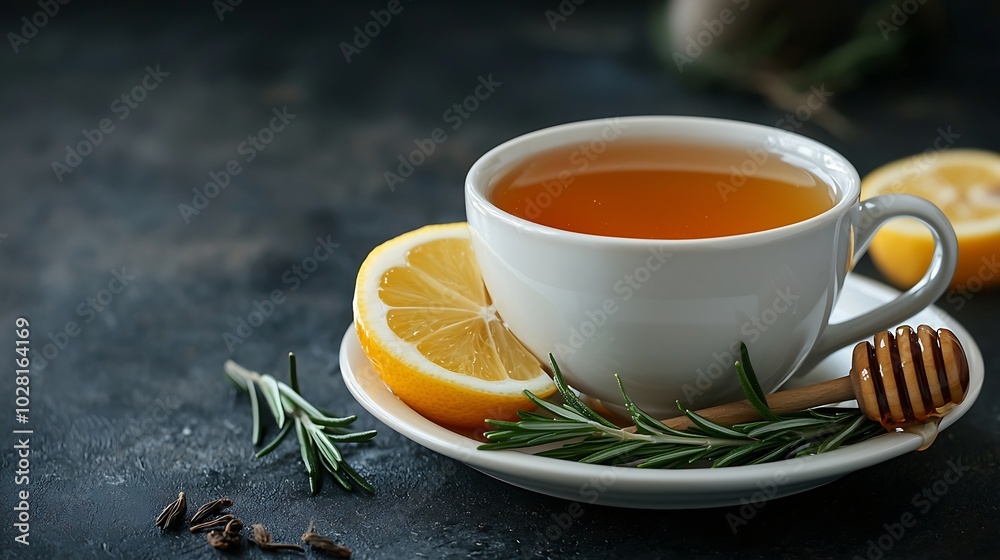 Tea cup with rosemary honey and lemon Grey background Close up : Generative AI Tea cup with rosemary honey and lemon Grey background Close up : Generative AI
