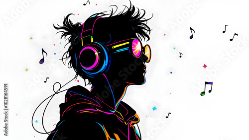 Lost in the Music: A vibrant silhouette of a young person immersed in their favorite tunes, headphones on, eyes closed, surrounded by dancing musical notes. photo