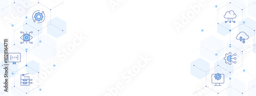 Technology Banner Vector Illustration with Two-sided Icon Style. Line Duotone icon. Containing coding, technical support, scanner, eye, settings, cloud server, engineering, cloud