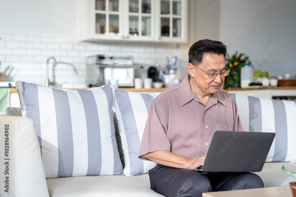 An elderly man sits on a couch at home, working on his laptop in a modern, comfortable setting. The scene emphasizes technology use, productivity, and independence in senior living. An elderly man sits on a couch at home, working on his laptop in a modern, comfortable setting. The scene emphasizes technology use, productivity, and independence in senior living.