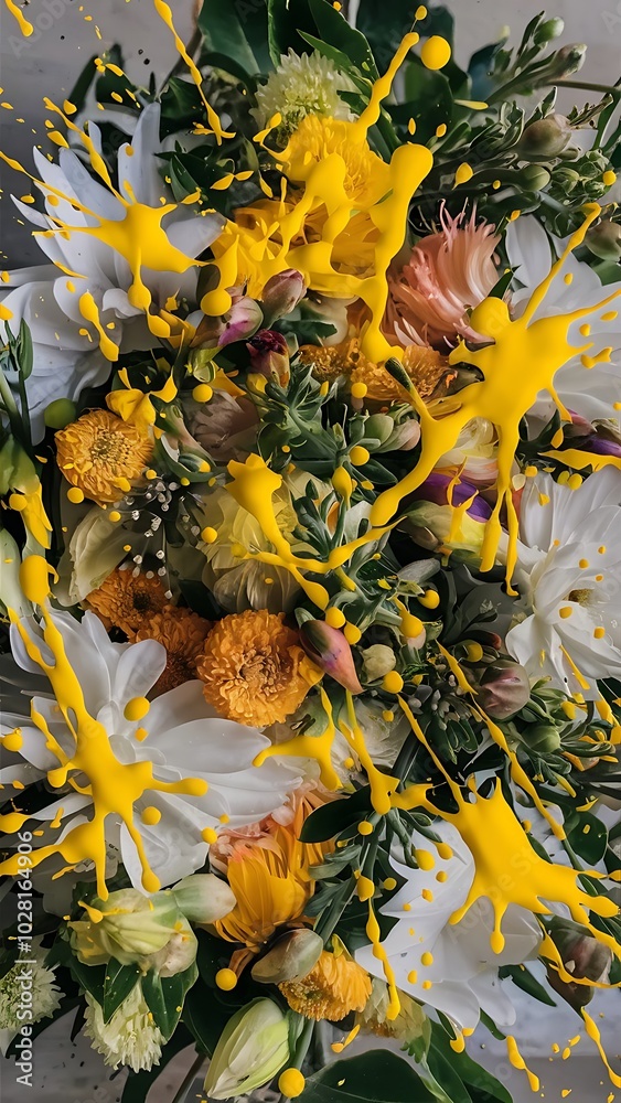 Obraz premium Close up view of flowers and yellow paint splashes