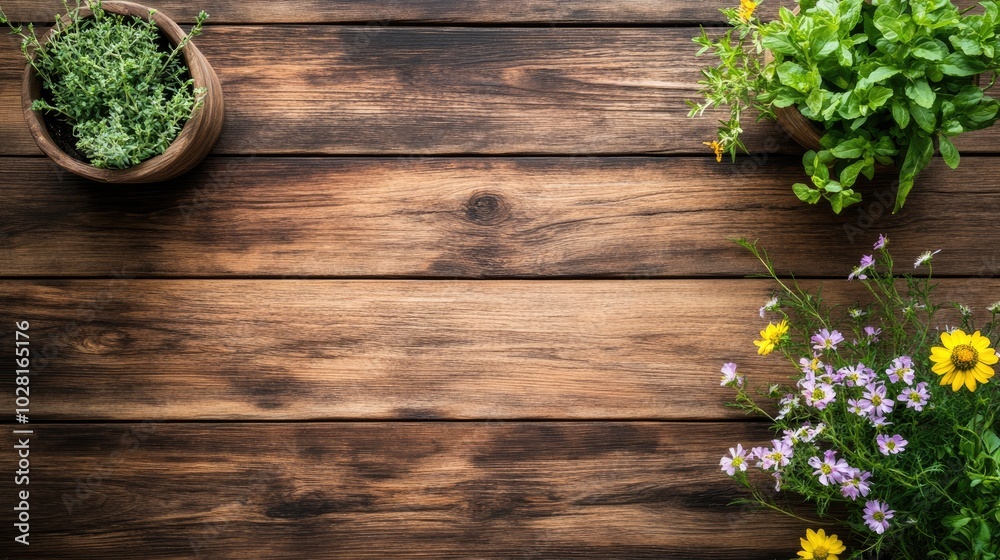Fresh Herbs and Flowers on Wooden Table Surface Fresh Herbs and Flowers on Wooden Table Surface