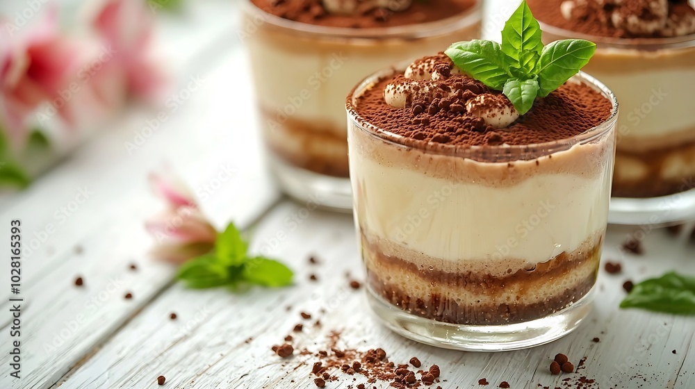 Tiramisu dessert in a glass on a white wooden background traditional Italian : Generative AI Tiramisu dessert in a glass on a white wooden background traditional Italian : Generative AI