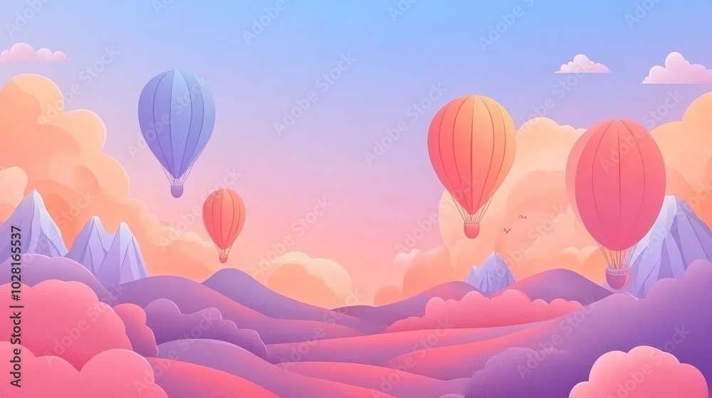 Hot Air Balloons Flying Over Pastel Mountains Landscape Hot Air Balloons Flying Over Pastel Mountains Landscape