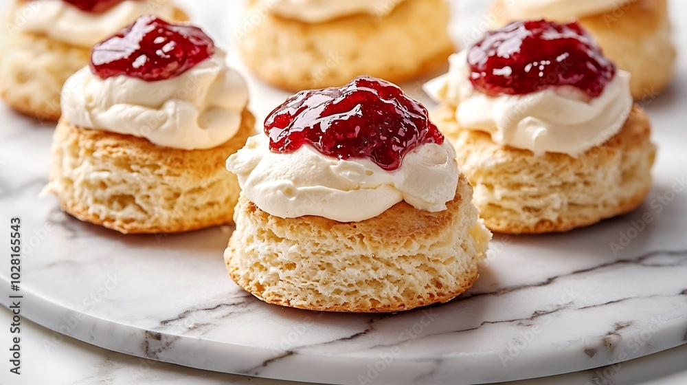Scones teacake with jam clotted cream Traditional British dessert Marble background Close up Top view : Generative AI Scones teacake with jam clotted cream Traditional British dessert Marble background Close up Top view : Generative AI