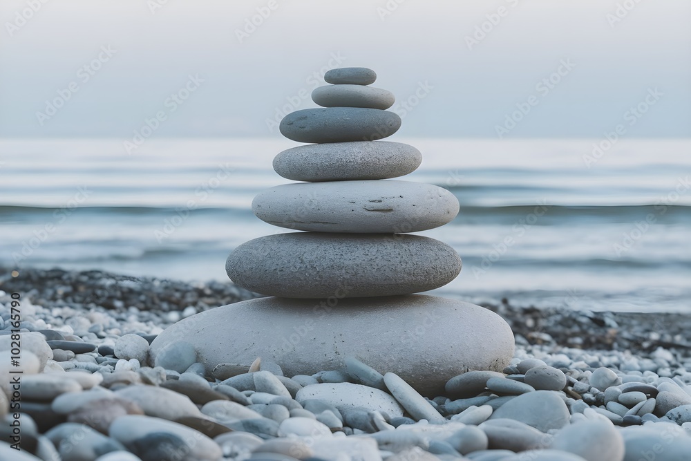 Zen stone tower on the beach. Concept of meditation and free thinking for mental health Zen stone tower on the beach. Concept of meditation and free thinking for mental health