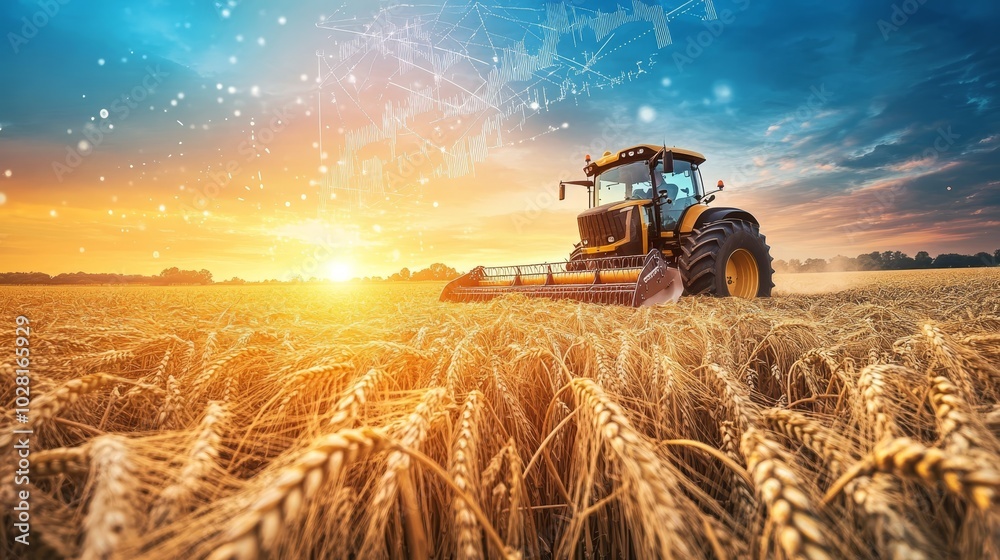 Fototapeta premium Harvesting Wheat at Sunset with Modern Technology