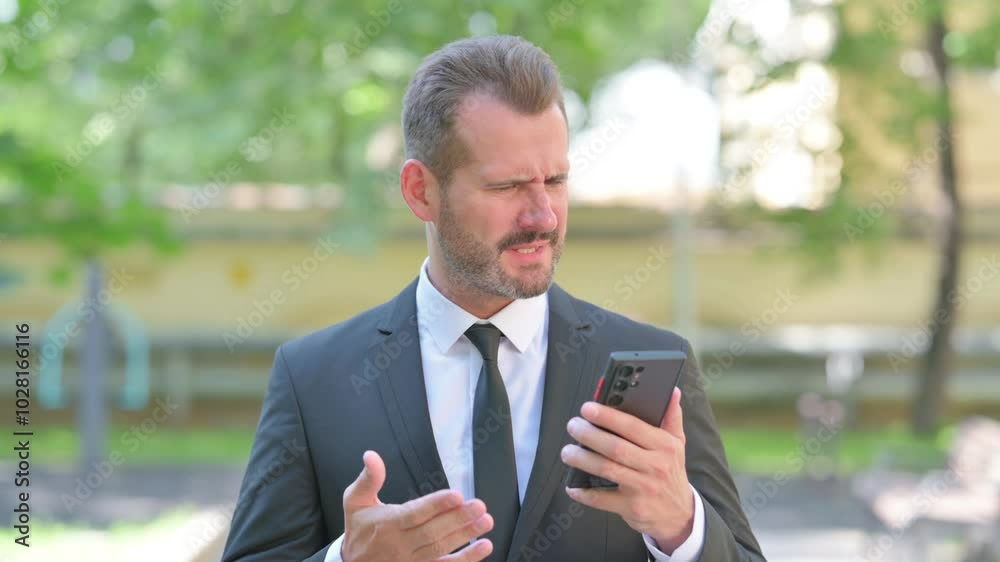 Portrait of Middle Aged Businessman Criticizing Online Loss Outdoor Portrait of Middle Aged Businessman Criticizing Online Loss Outdoor