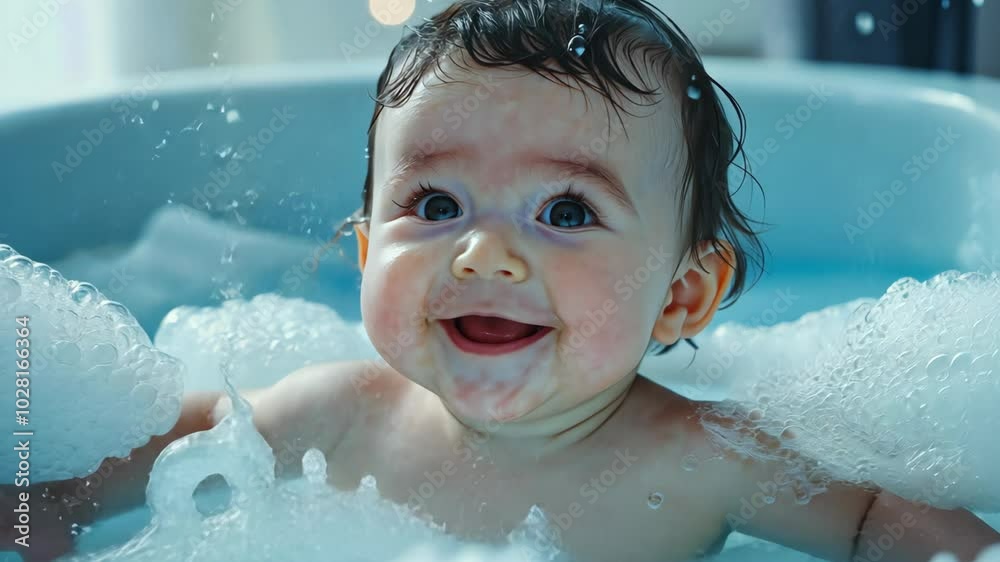 cheerful young baby boy playing with soap bubble in tub, baby baht time