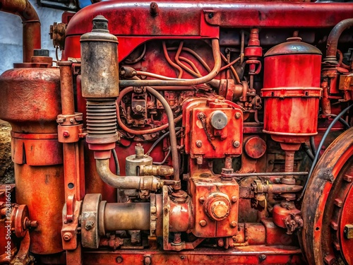 Old Diesel Tractor Engine Closeup - Rustic Red Panorama of Vintage Machinery with Detailed Rust Patterns and Industrial Aesthetic for Agricultural and Mechanical Themes