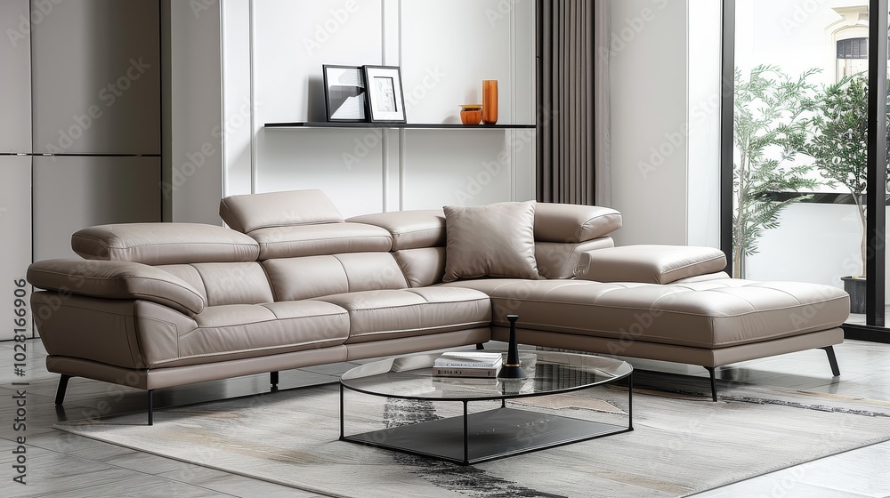 Fototapeta premium Beige leather corner sofa with chaise longue and black metal legs, paired with a glass coffee table on light gray flooring, modern living room with wall shelf for photo frames, captured in high-defini