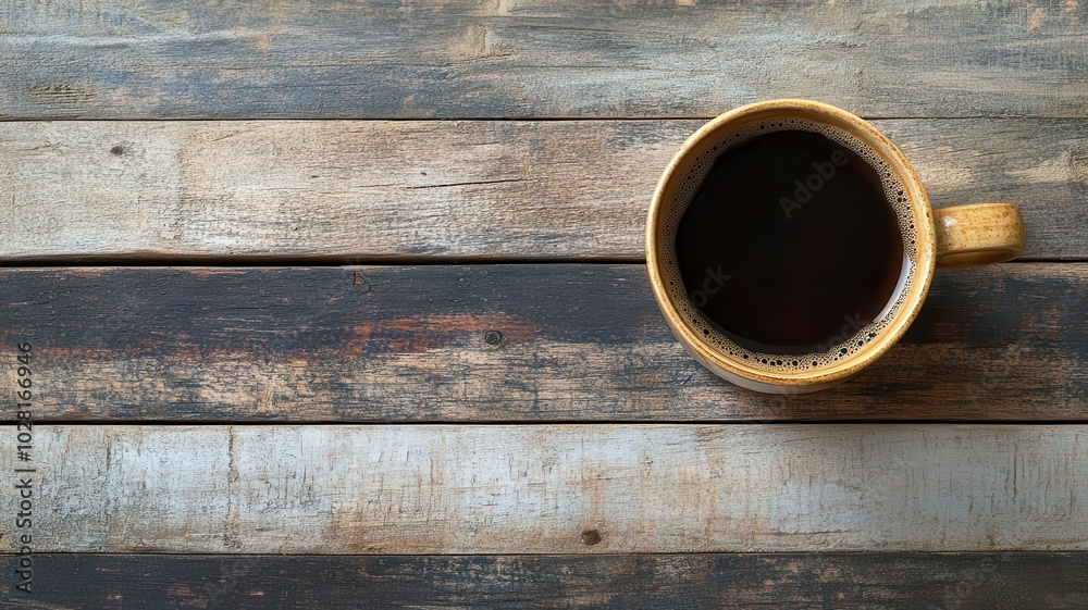A bird's-eye view of a coffee cup on a rustic wooden table, minimalist, muted earthy tones, Nordic style digital art A bird's-eye view of a coffee cup on a rustic wooden table, minimalist, muted earthy tones, Nordic style digital art