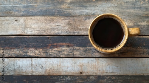 A bird's-eye view of a coffee cup on a rustic wooden table, minimalist, muted earthy tones, Nordic style digital art