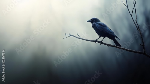 Minimalist Raven Perched on a Branch in Fog