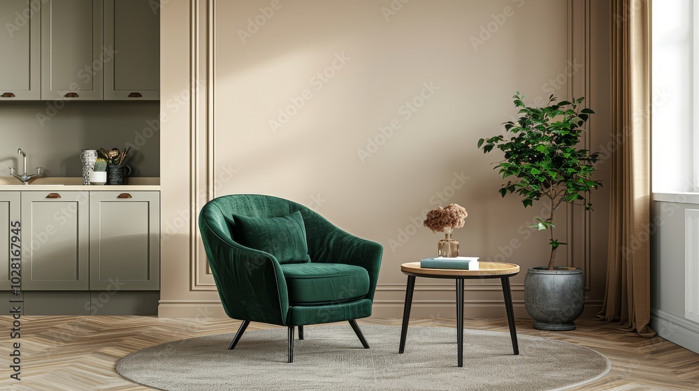 Fototapeta premium Small apartment interior featuring a beige wall with decorative trim, a green armchair, and coffee table near a kitchenette, all set on grey carpet flooring in high-definition photography.