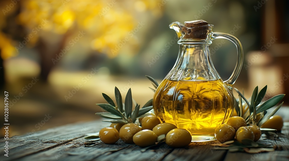 Assortment of fresh olives and olive oil in glass jug on wooden background Copy space : Generative AI Assortment of fresh olives and olive oil in glass jug on wooden background Copy space : Generative AI