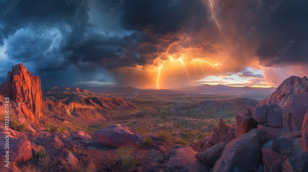 Fototapeta premium Dramatic sunset over rocky desert landscape