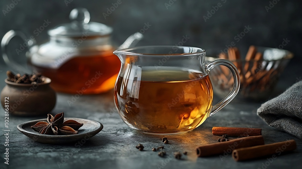 Tea with cinnamon in glass cup and teapot on grey stone background Copy space : Generative AI Tea with cinnamon in glass cup and teapot on grey stone background Copy space : Generative AI
