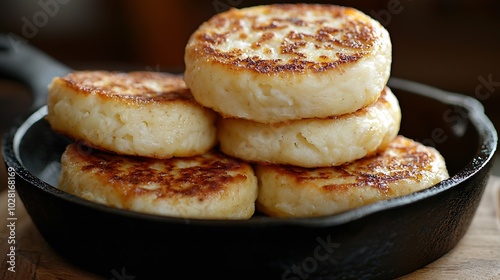 Traditional Scottish tattie potato scones in cast iron pan Dark background Close up : Generative AI photo