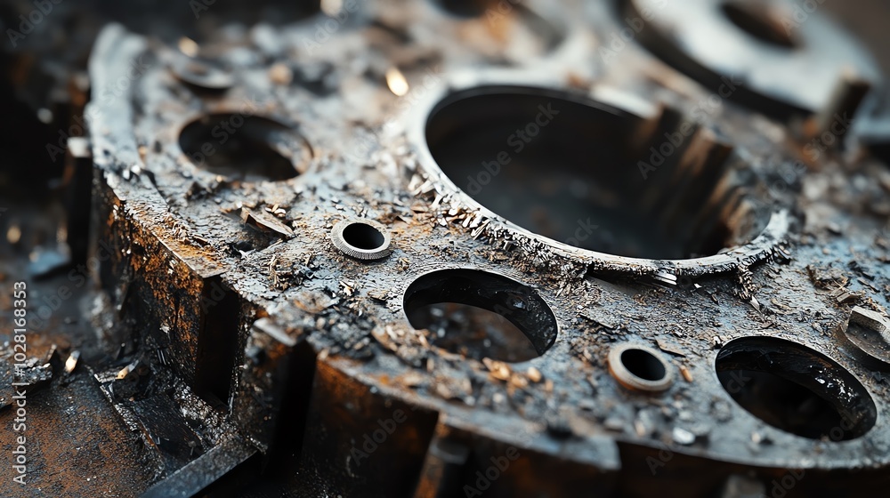 Close-up of rusty gear and metal shavings Close-up of rusty gear and metal shavings