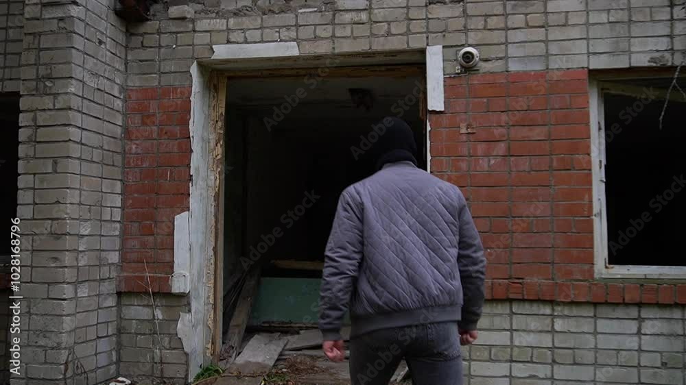 young man in a black balaclava enters a ruined building, looking back at the entrance. an old abandoned house. dark horror. young man in a black balaclava enters a ruined building, looking back at the entrance. an old abandoned house. dark horror.