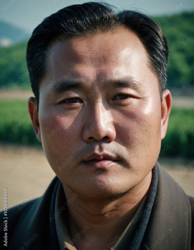Fototapeta premium Portrait of a middle-aged North Korean man in a formal setting, showcasing the traditional clothing style and serious expression, indicative of his cultural background. Generative AI