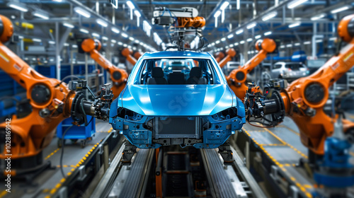 Robotic arms assembling car bodies on an automated production line in a car factory