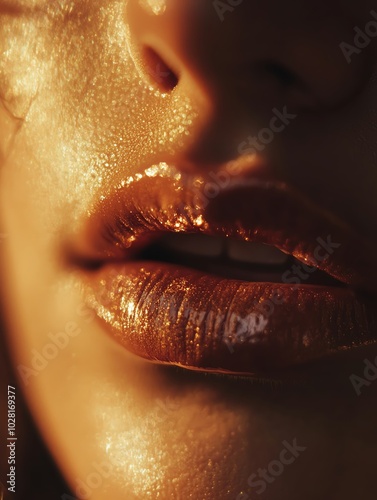 Close-up of glossy lips in golden light