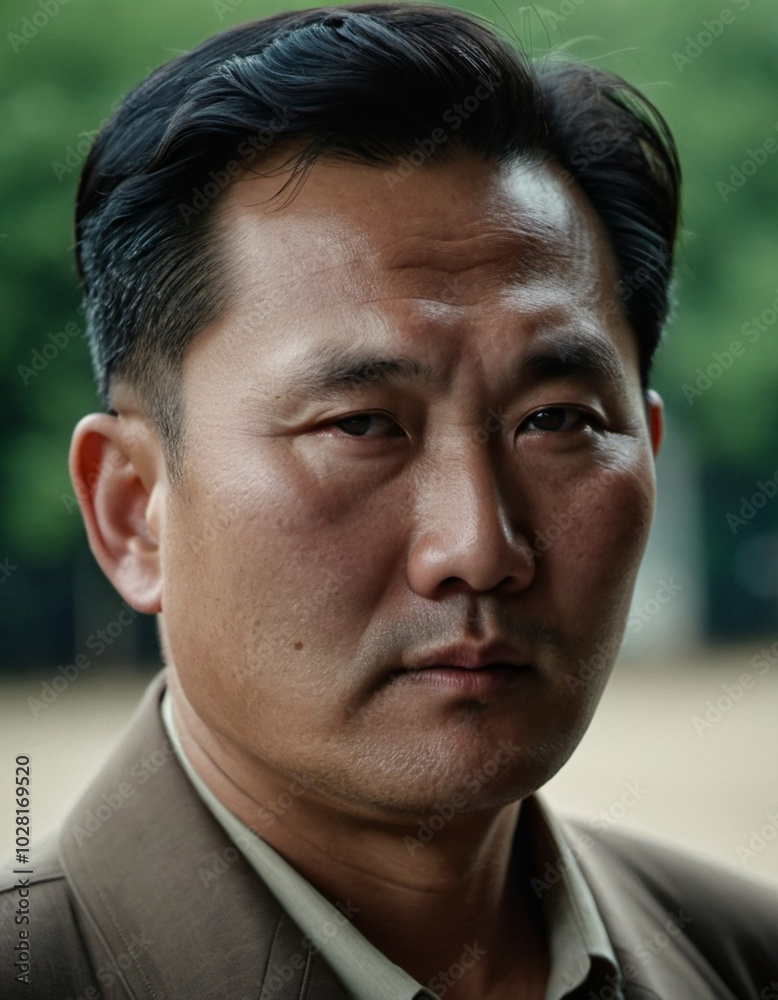 Fototapeta premium Portrait of a middle-aged North Korean man in a formal setting, showcasing the traditional clothing style and serious expression, indicative of his cultural background. Generative AI