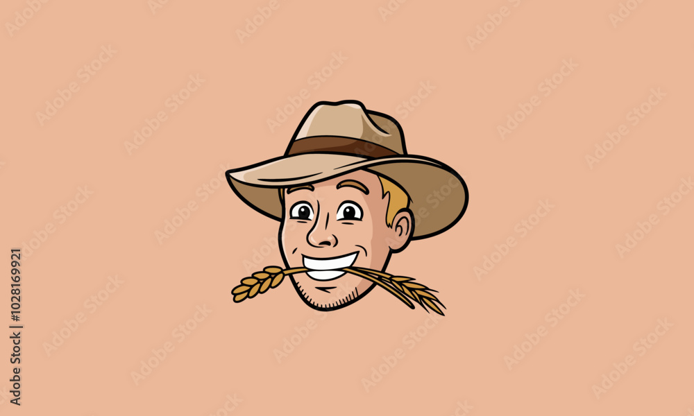 Smiling farmer with hat and wheat in mouth. Smiling farmer with hat and wheat in mouth.