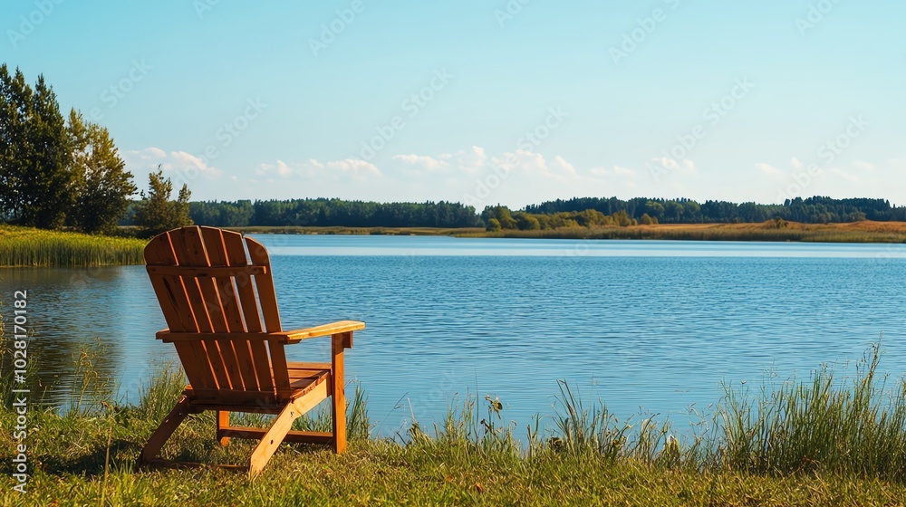 Wooden chair facing tranquil lake under blue sky Wooden chair facing tranquil lake under blue sky