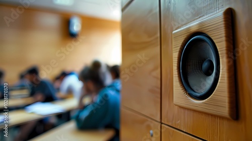 Close-up  a built-in speaker on a wall in classroom with students, Generative AI illustrations.