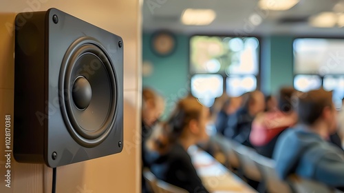 Close-up  a built-in speaker on a wall in classroom with students, Generative AI illustrations.