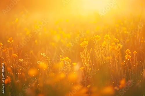 Fototapeta Naklejka Na Ścianę i Meble -  Sunset over meadow with yellow buttercups. Nature background