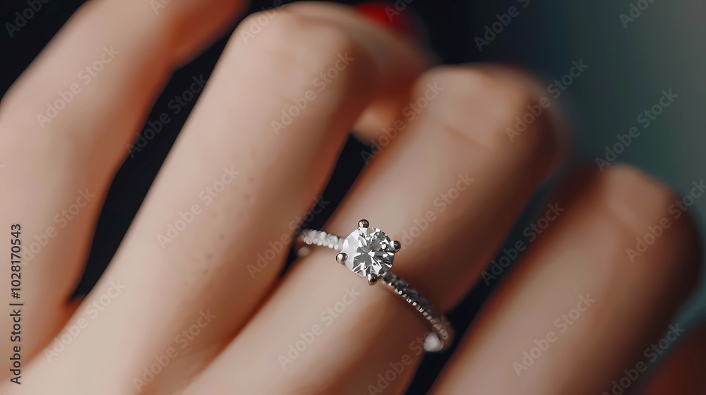 © jbstocks - Close up photo of a finger with a diamond ring on the finger with a minimalist background, Generative AI illustrations.