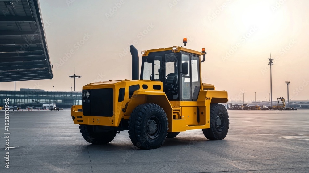 Tow tractor pulling luggage carts at airport apron Tow tractor pulling luggage carts at airport apron